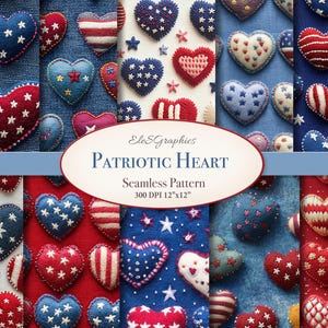 Patriotiskt hjärta, fjärde juli sömlöst mönsterpaket. Digital nedladdning. Faux broderi 3D. Kommersiellt bruk. För dagbok, tyg. 10 JPG