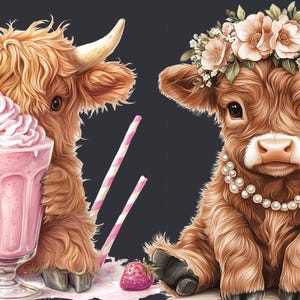 May include: Two Highland cows, one with a pink milkshake and the other with a pearl necklace and a flower crown. Both cows are brown and fluffy.