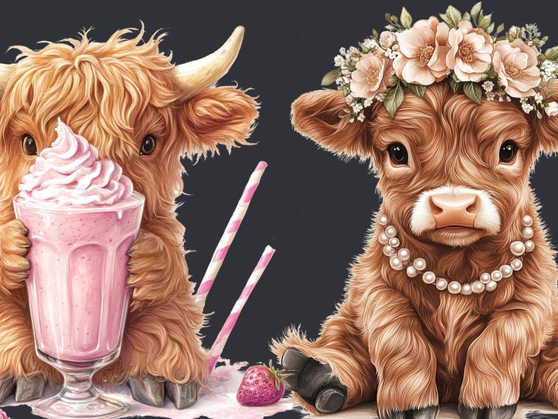 May include: Two Highland cows, one with a pink milkshake and the other with a pearl necklace and a flower crown. Both cows are brown and fluffy.