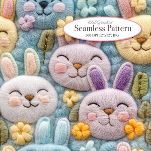 May include: A seamless pattern featuring embroidered bunny faces in pastel colors. The bunnies have smiling faces, pink cheeks, and various ear colors. The background is a light blue fabric with embroidered flowers and leaves. The text "ElesGraphics Seamless Pattern" is displayed.