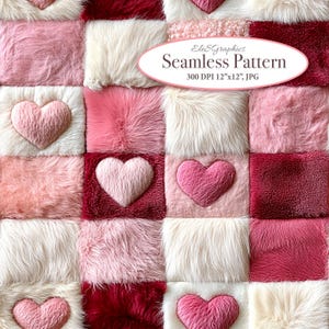 Op de afbeelding: Een naadloos patroon met een patchwork van roze, witte en rode nep bont vierkanten met roze harten in het midden van elk vierkant. De tekst "ElesGraphics Seamless Pattern 300 DPI 12"x12", JPG" staat bovenaan de afbeelding.