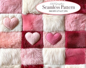 Valentine Love Hearts on Pink Fur Patchwork. Faux Embroidery Seamless 3D Digital Pattern. Commercial Use. 1 JPG
