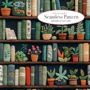 May include: A seamless pattern featuring a bookshelf filled with books and potted plants. The books are various colors and sizes, and the plants are green and brown. The pattern is perfect for use in home decor, fabric, and wallpaper.