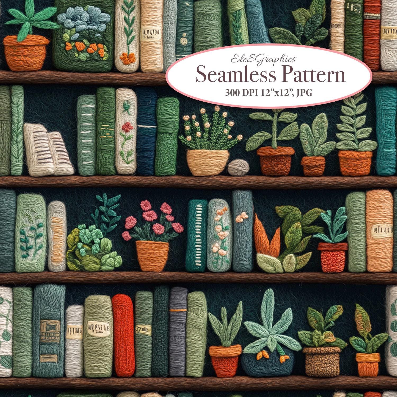 Felted Library Books Cacti Seamless Pattern. Digital Download. Faux Embroidery 3D. Commercial Use. Journal Sublimation Fabric Design. 1 JPG