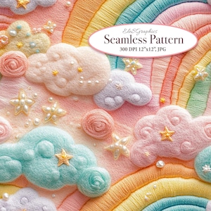May include: A seamless pattern featuring a pastel rainbow, clouds, stars, and pearls. The design includes text that reads "EleGraphics Seamless Pattern 300 DPI 12"x12", JPG". The color palette includes shades of pink, blue, yellow, and orange.