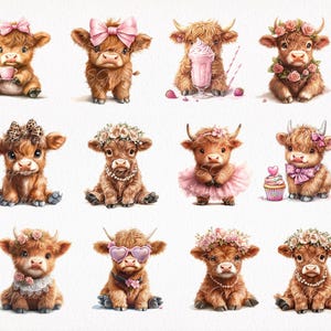 May include: Twelve adorable illustrations of Highland cattle wearing various accessories, including flowers, bows, sunglasses, and a tutu. The cattle are all brown and white with fluffy fur.