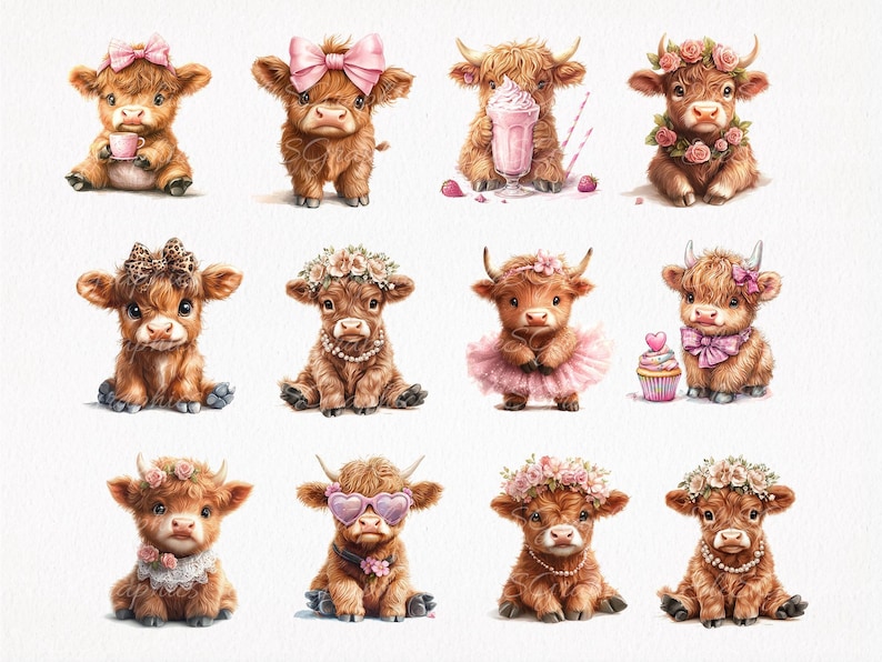 May include: Twelve adorable illustrations of Highland cattle wearing various accessories, including flowers, bows, sunglasses, and a tutu. The cattle are all brown and white with fluffy fur.