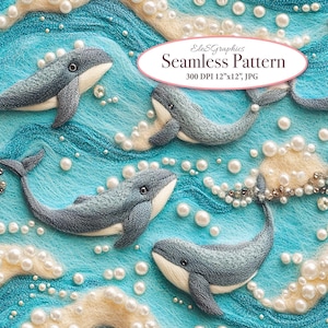 May include: Seamless pattern featuring four blue whales swimming in a turquoise blue ocean with white pearl-like bubbles. The background is a light blue with white fluffy clouds.