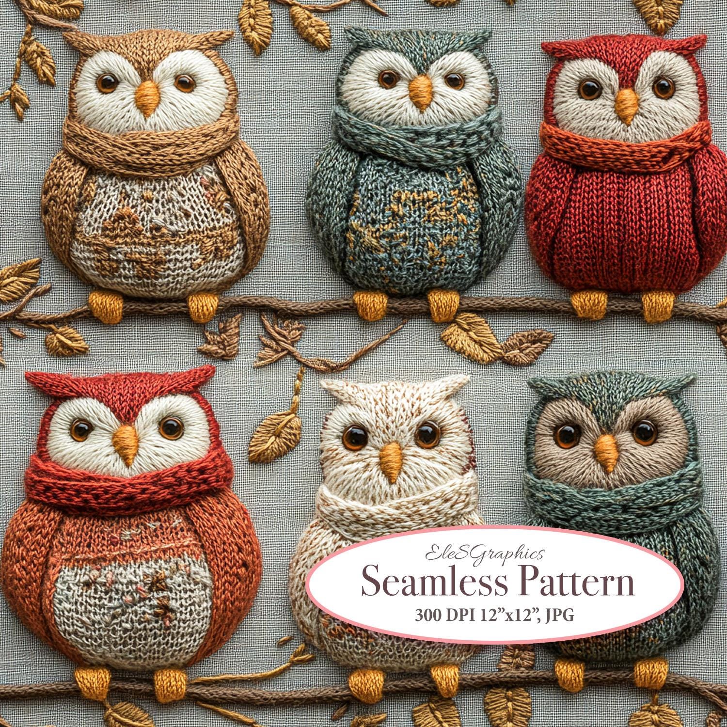 Cute Autumn Owls Knitted Faux Embroidery Seamless 3D Digital Pattern. Commercial Use. 1 JPG