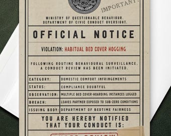 Birthday Card for Boyfriend or Husband - Bed Hog Duvet Stealer - Violation Notice