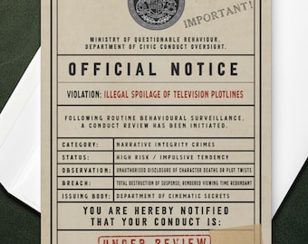 TV Spoiler Alert Birthday Card for Husband, Wife or Partner - Violation Notice