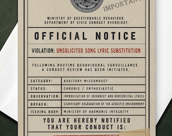 Wife or Girlfriend Birthday Card for Singing Wrong Lyrics -  Violation Notice
