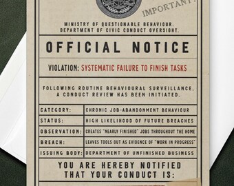 Husband or Boyfriend Birthday Card - Never Finishes DIY Projects - Violation Notice