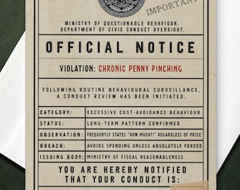 Birthday Card for Husband or Boyfriend - Cheap Stingy Penny Pincher - Violation Notice