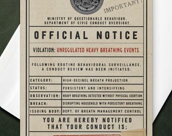 Husband Birthday Card for Loud Breathing - Official Violation Notice