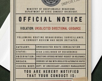 Backseat Driver Birthday Card for Dad or Husband - Violation Notice