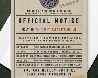 Birthday Card for Wife or Girlfriend - Snack Thief Food Stealer - Violation Notice