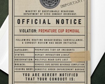 Birthday Card for Dad or Husband - Clears Cups Too Early - Father's Day Violation Notice