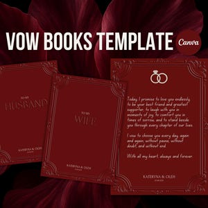 Plantilla de libro de votos matrimoniales Canva • Tarjetas de votos elegantes para esposo y esposa • Libro de votos burdeos imprimible para ceremonia