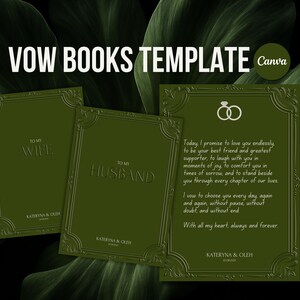 Plantilla de libro de votos matrimoniales en Canva • Elegantes tarjetas de votos verdes para esposo y esposa • Libro de votos imprimible para ceremonias