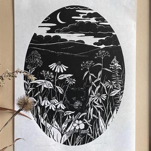Black Bear Linocut Print | Appalachian Wildflower Art (9x12 inch)