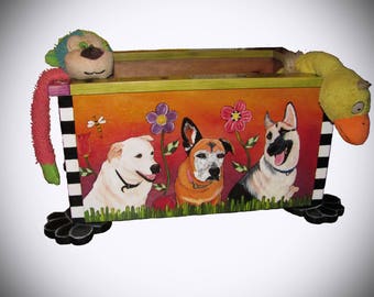 Hand painted Pet Portrait toy box, personalized, new puppy gift, your pets portraits, handcrafted toy storage, unique pet gifts, dog toy box