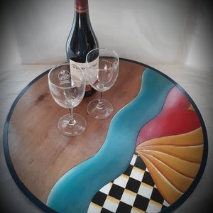 PAINTED LAZY SUSAN, whimsical table centerpiece,  turntable, wood lazy susan, table decor, black and white check, barware handcrafted, gifts