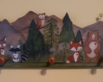 Forest animals coat rack, towel rack, hat rack, wood land animal nursery decor, personalized, 3 hook coat rack, hand painted, sign