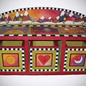 BENCH WITH STORAGE, Custom storage bench, painted window bench, Personalized bench, Storage bench, wood burned bench, storage bench seat