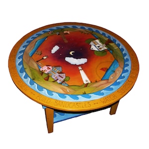 CommissIoned wood coffee table,  round table with shelf, Center table, Whimsical table, Hand painted furniture, personalized, living room