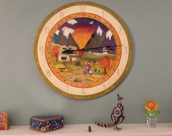Handpainted round wall clock, custom designed, personalized with your design vision, wood clock, 30" diameter, made to order, handcrafted
