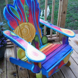 Adirondack chair, Alice in Wonderland, unique wood chair, handcrafted and hand painted, large outdoor chair, whimsical, colorful, oversized