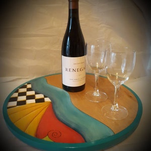 PAINTED LAZY SUSAN, whimsical table centerpiece,  turntable, wood lazy susan, table decor, black and white check, heart, handcrafted, gifts