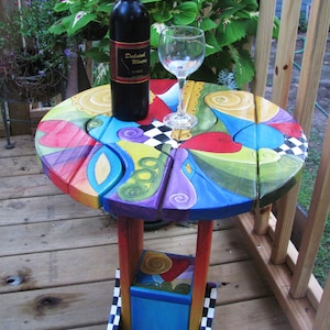 SMALL SIDE TABLE, round Wood table, 20&quot; dia. x 21.5&quot; h, Table w/shelf,  painted furniture, garden furniture, puzzle table, hand crafted