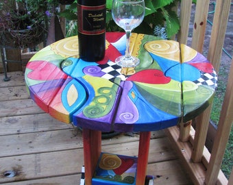 SMALL SIDE TABLE, round Wood table, 20" dia. x 21.5" h, Table w/shelf,  painted furniture, garden furniture, puzzle table, hand crafted