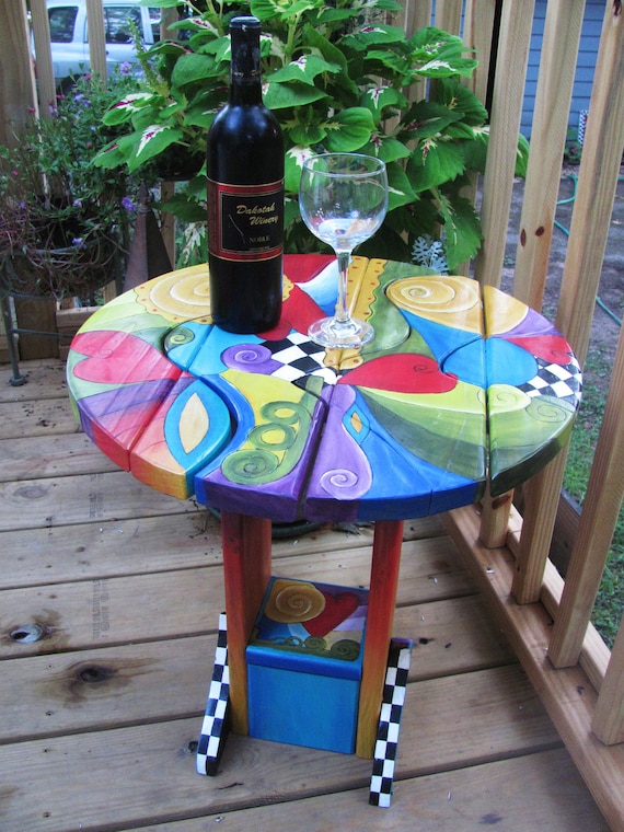 SMALL SIDE TABLE, round Wood table, 20" dia. x 21.5" h, Table w/shelf,  painted furniture, garden furniture, puzzle table, hand crafted