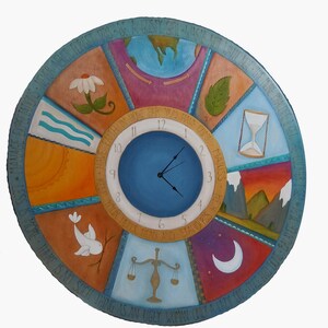May include: A round wooden clock with a blue face and white numbers. The clock is decorated with colorful painted images and text around the edge. The text reads "Manage Expectations - Be a Gushy Girl & Waste Not Want Not The More Practice I Get The Slicker I Get - Have Faith In What You Have Come To - Keep Your Heels, Head and Standards Light - Less Is More There Is No Such Thing As An Ugly Woman Only A Lazy"