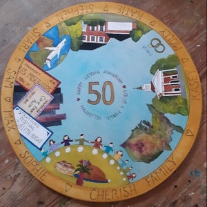 May include: A round wooden platter painted with a blue background and a yellow border. The center of the platter features a large number 50 in gold, surrounded by the text "Happy Wedding Anniversary" and the names "Myrna & Louis". The platter is decorated with various scenes, including a house, a church, a plane, and a group of people holding hands. The names "Stephen & Katie", "Molly & Kasey", "Sam & Max", and "Sophie" are written around the border of the platter.