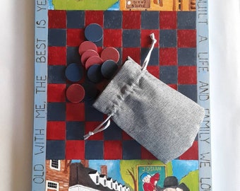 Wood checkerboard game, custome designed checkerboard, checkers game, painted checkerboard, personalized board games, games for kids