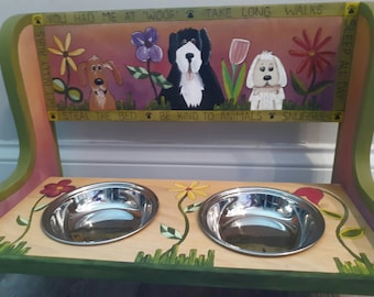 Wood dog feeders, painted dog feeder, 2 bowl dog feeder, raised dog bowls, handcrafted, dog bowl stand, small dog bowl stand, dog lover gift