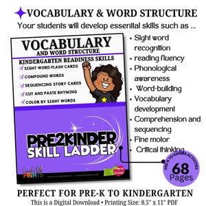 Vocabulary | Kindergarten Readiness | Word Structure | Sight Words | Compound Words | Rhyming Activities | Sequencing | Word Building