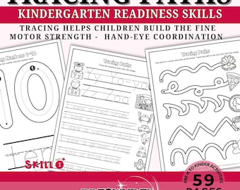 May include: Black and white printable worksheets for tracing paths and numbers. The worksheets feature a variety of shapes, lines, and numbers for children to trace. The title of the worksheets is "Tracing Paths" and "Kindergarten Readiness Skills".
