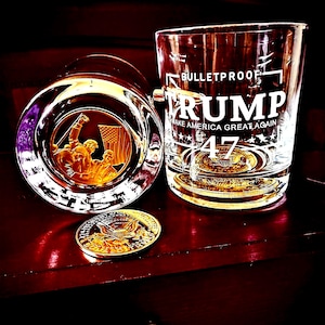 trump, tromp memorabilia coin, trump whiskey glass, whiskey glass, Christmas gift , maga, cocktail glass, challenge Coin, bullet glasses