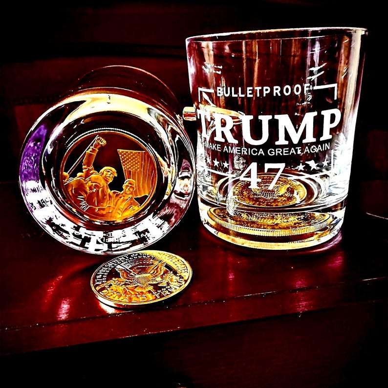 trump, tromp memorabilia coin, trump whiskey glass, whiskey glass, Christmas gift , maga, cocktail glass, challenge Coin, bullet glasses
