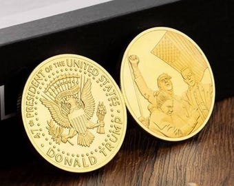 Juego de 2 monedas chapadas en oro de Donald Trump: sello presidencial, recuerdo coleccionable y pin del bombardero B2.