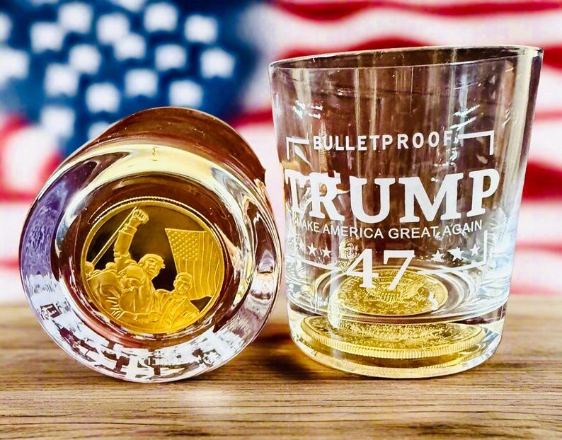 trump, tromp memorabilia coin, trump whiskey glass, whiskey glass, Christmas gift , maga, cocktail glass, challenge Coin