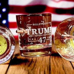 Trump 47 Whiskey Glass with Embedded Coin, MAGA Memorabilia, A Living Piece of American History 4 Whiskey Glasses