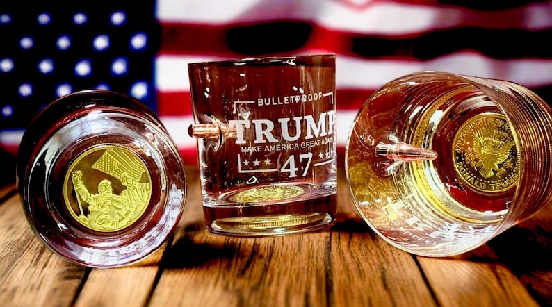 Trump 47 Whiskey Glass with Embedded Coin, MAGA Memorabilia, A Living Piece of American History 4 Whiskey Glasses