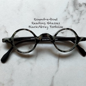 Round-a-bout Small Black Gray Tortoise Reading Glasses Frame & Lens Size in Item Details
