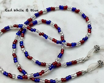 Red White Blue Shimmering Crystal Beaded Eyeglass Chain USA Made